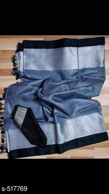 Ideal Grey linen saree with black and silver border