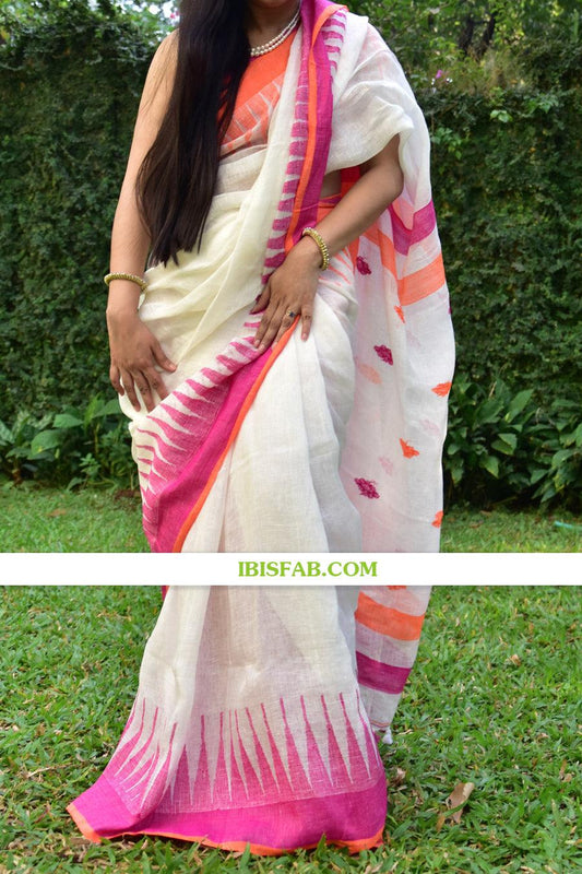 Pure linen saree in white, awesome festive wear - Ibis Fab