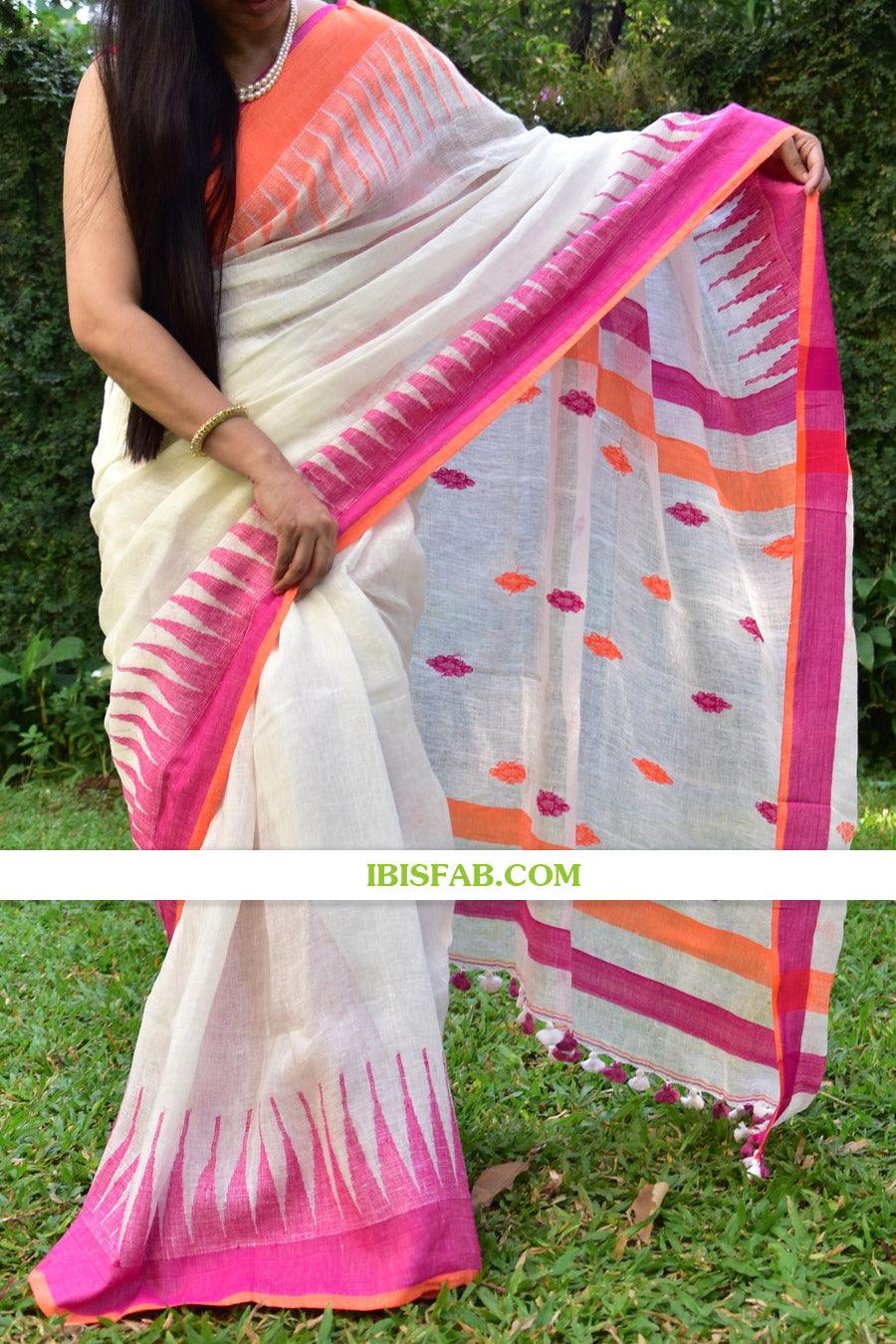 Pure linen saree in white, awesome festive wear - Ibis Fab
