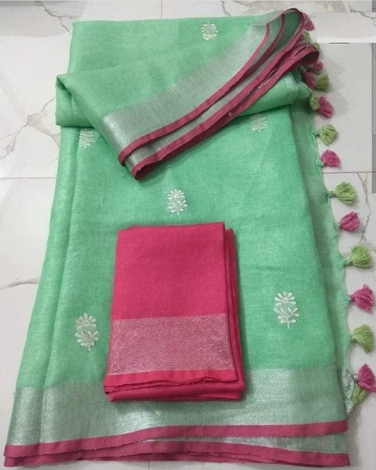 Linen cotton saree in Mint , adorable festive wear - Ibis Fab