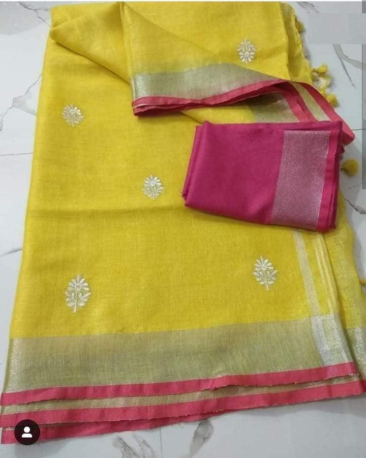 Pure linen saree in yellow, printed casual wear