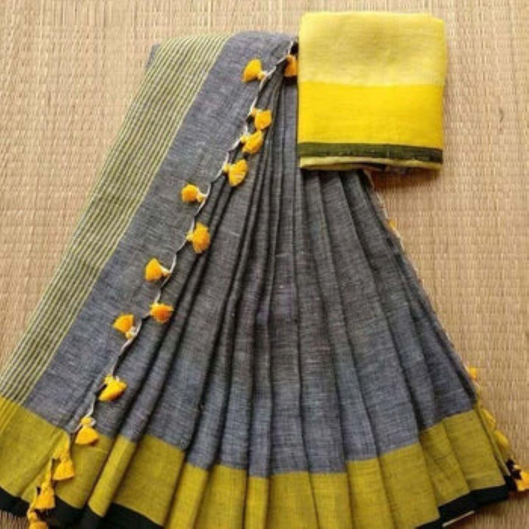 Linen cotton saree in grey designer wear