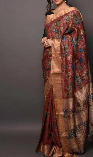 Eye-catching Brown Colored Wear Printed Linen Saree
