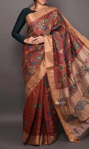 Eye-catching Brown Colored Wear Printed Linen Saree