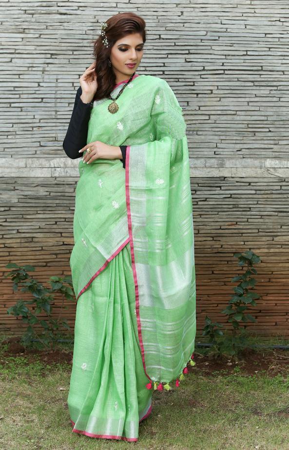 Intricate Light Green Colored Festive Wear Linen Saree