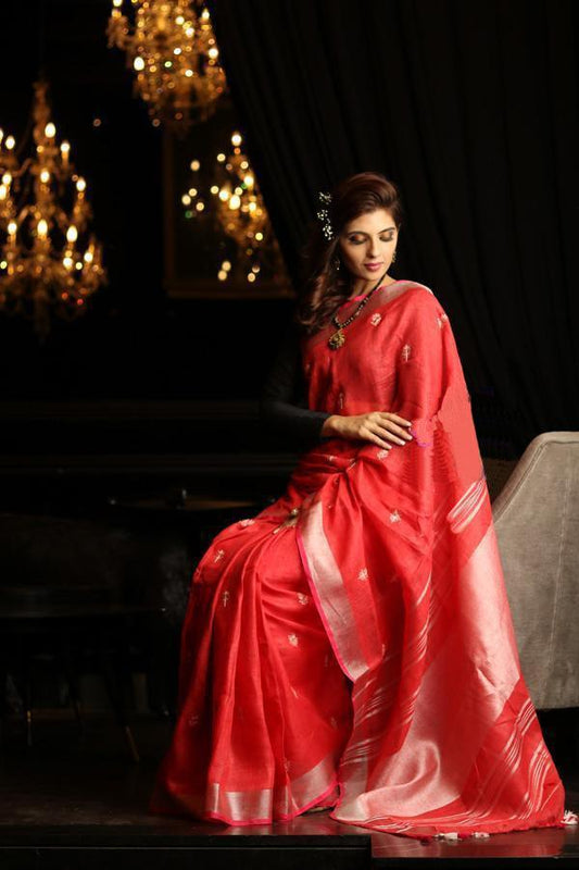 Energetic Red Colored Festive Wear Linen Saree - Ibis Fab