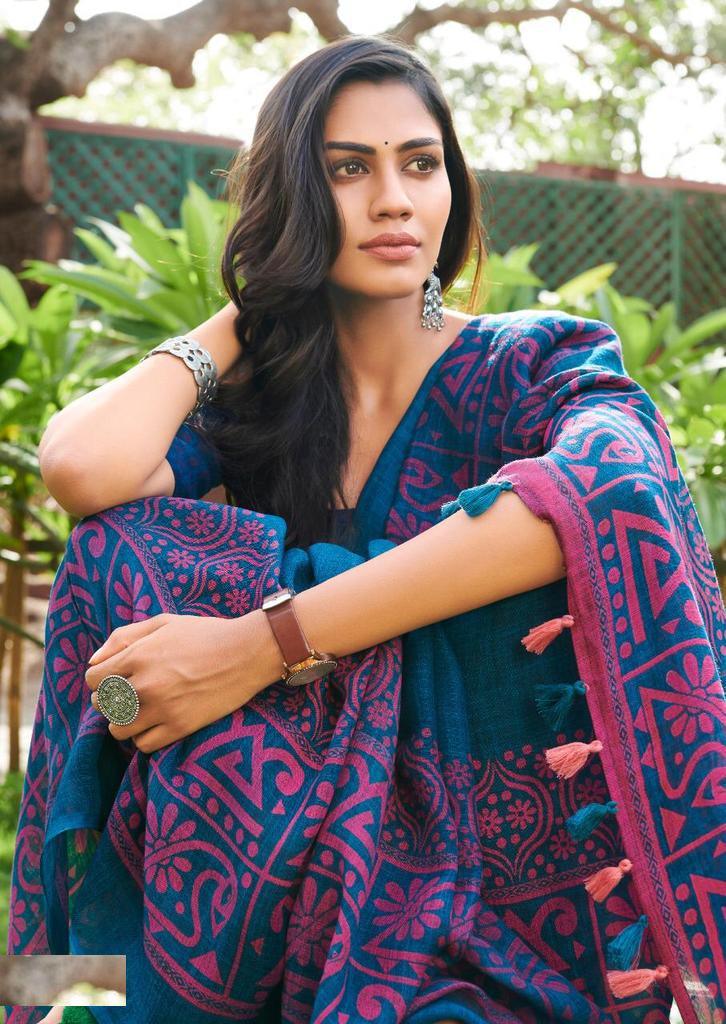 Pure linen saree in hues of blue colour - Ibis Fab