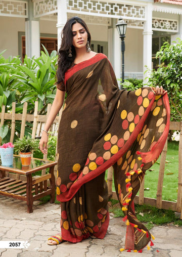 Majesty Brown Pure Colored Festive Wear Linen Designer Saree