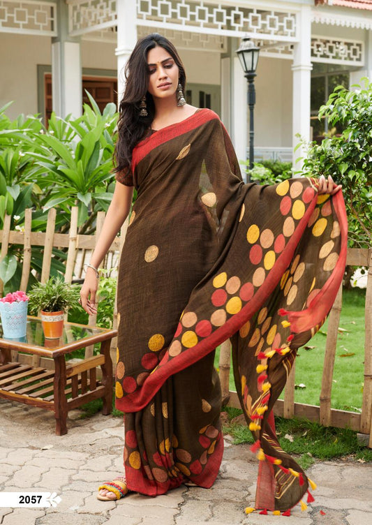 Majesty Brown Pure Colored Festive Wear Linen Designer Saree - Ibis Fab