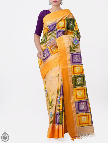 Opulent Yellow & Violet Pure Colored Festive Wear Linen Designer Saree