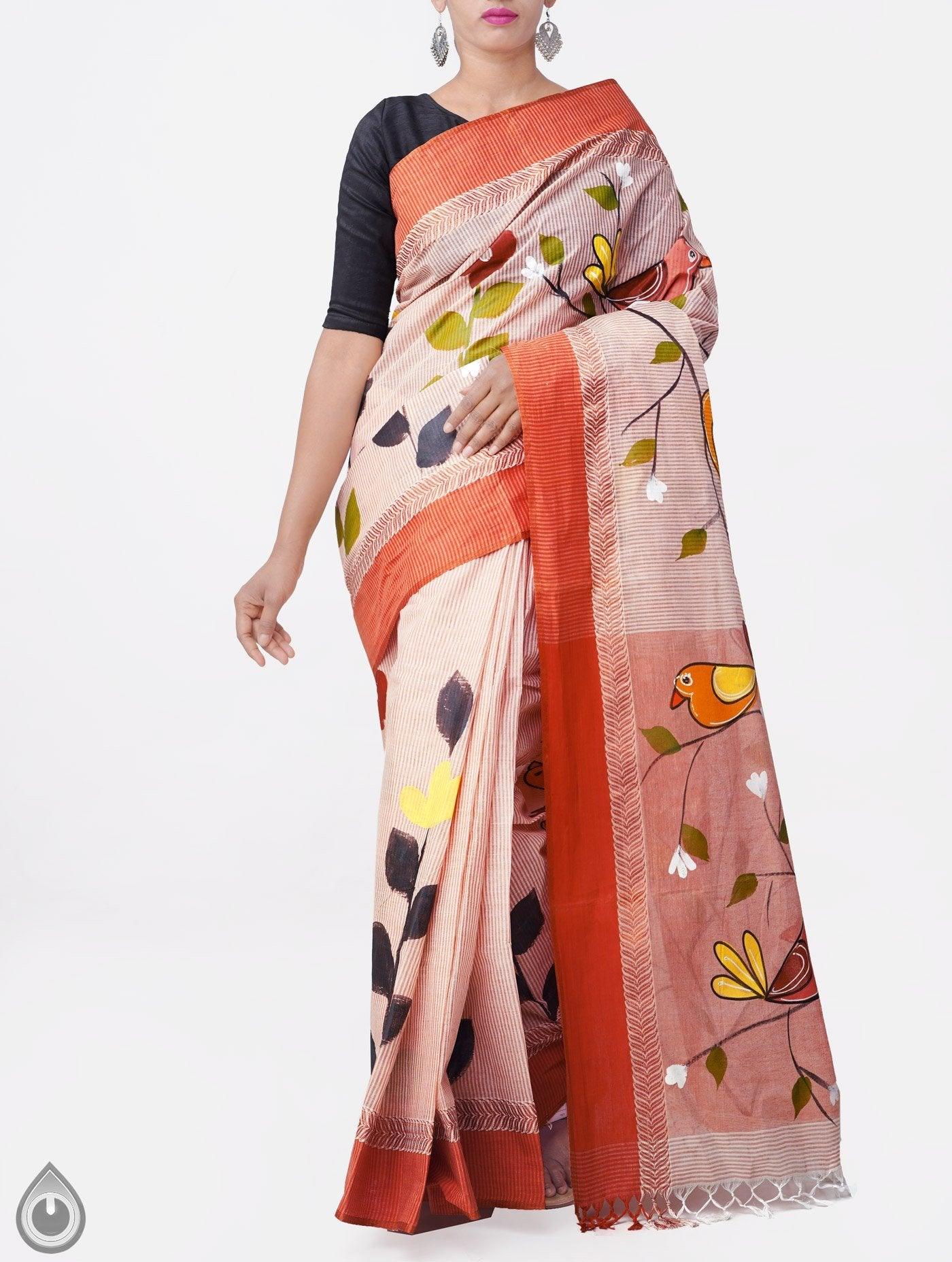 Gleaming Beige Colored Festive Wear Linen Designer Saree