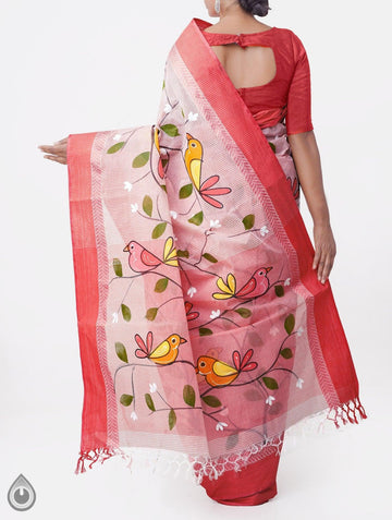 Exceptional Light Red Colored Festive Wear Linen Designer Saree