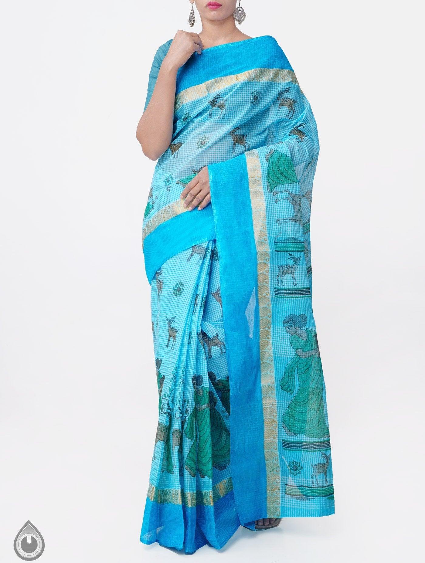 Groovy Sky Blue Colored Festive Wear Linen Designer Saree