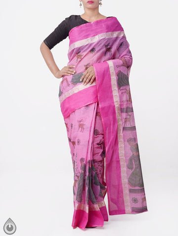 Sophisticated Baby Pink Colored Festive Wear Linen Designer Saree