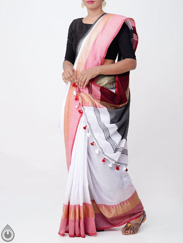 Innovative Grey Pallu And White Colored Festive Wear Linen Designer Saree