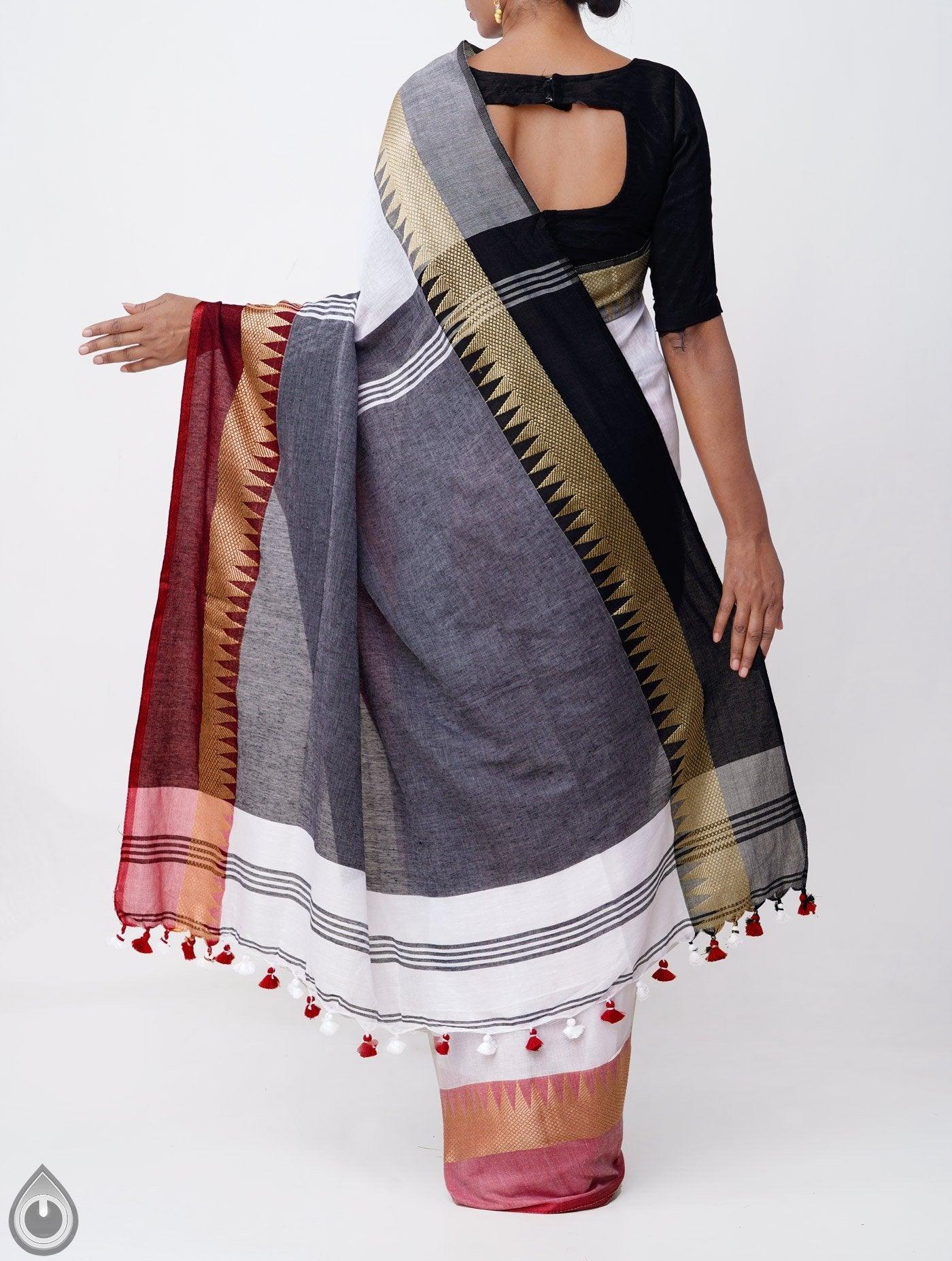 Innovative Grey Pallu And White Colored Festive Wear Linen Designer Saree - Ibis Fab