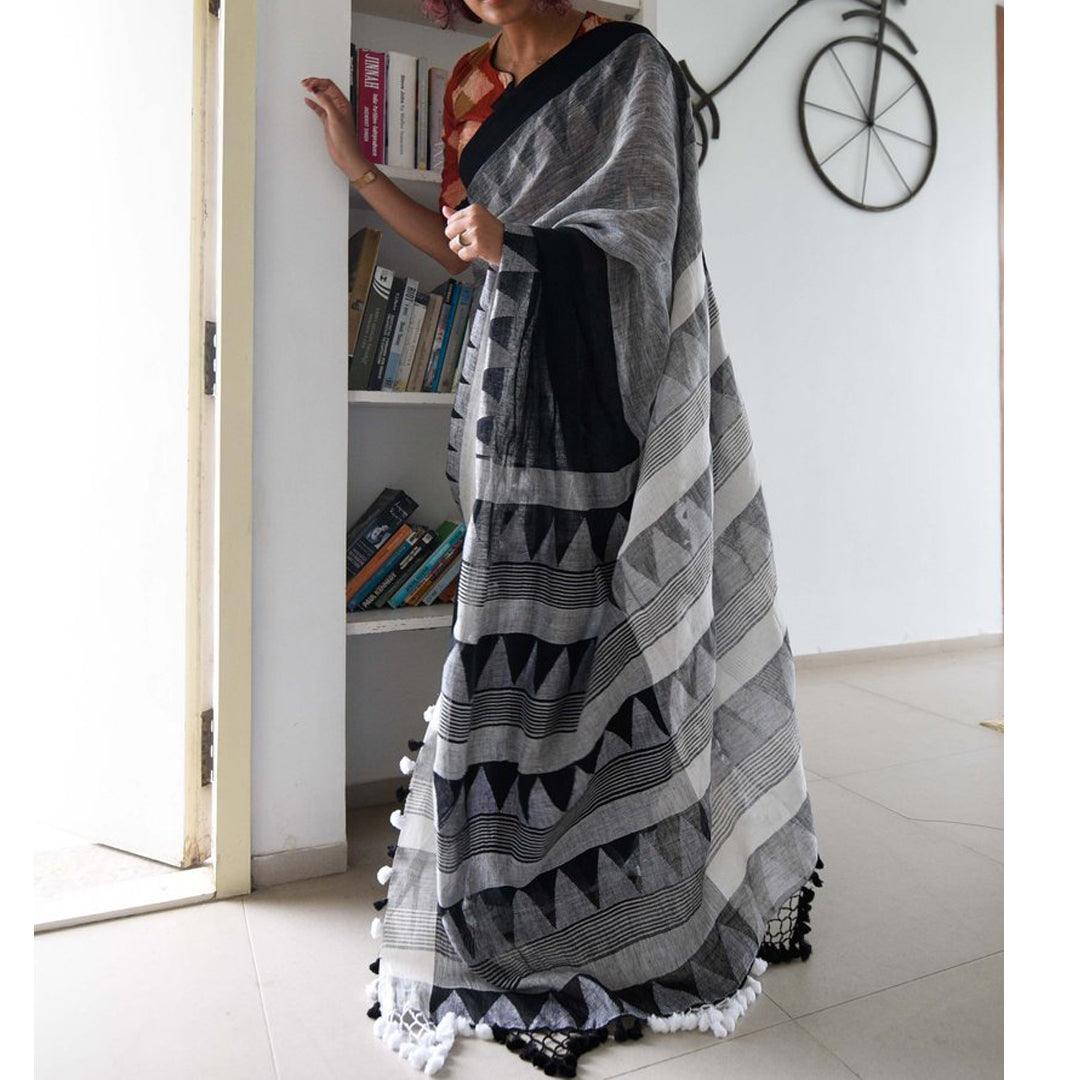 Exotic Grey And Black Colored Festive Wear Pure Linen Designer Saree