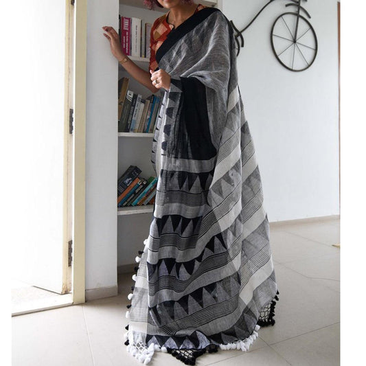 Exotic Grey And Black Colored Festive Wear Pure Linen Designer Saree - Ibis Fab