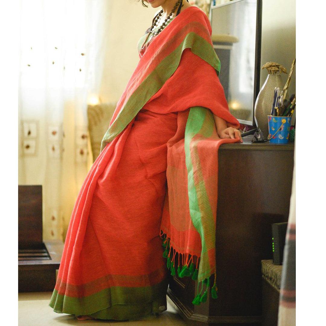 Unique Orange Colored Festive Wear Pure Linen Designer Saree - Ibis Fab