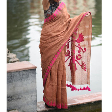 Deserving Copper Colored Festive Wear Pure Linen Designer Saree