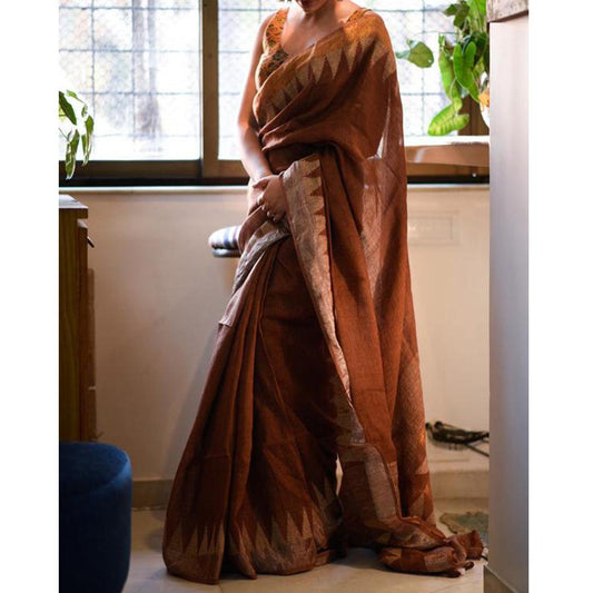 Sensational Copper Colored Festive Wear Pure Linen Designer Saree - Ibis Fab