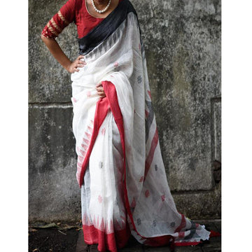 Opulent White And Red Colored Festive Wear Pure Linen Designer Saree