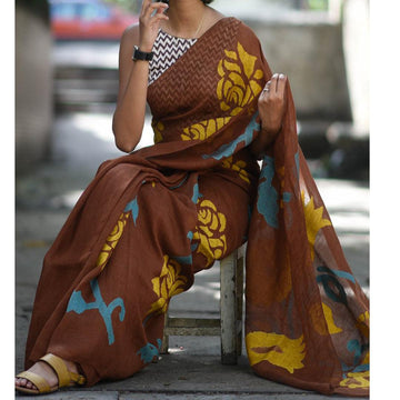 Deserving Brown Colored Festive Wear Pure Linen Designer Saree