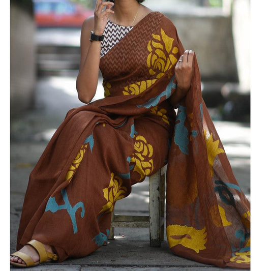 Deserving Brown Colored Festive Wear Pure Linen Designer Saree - Ibis Fab