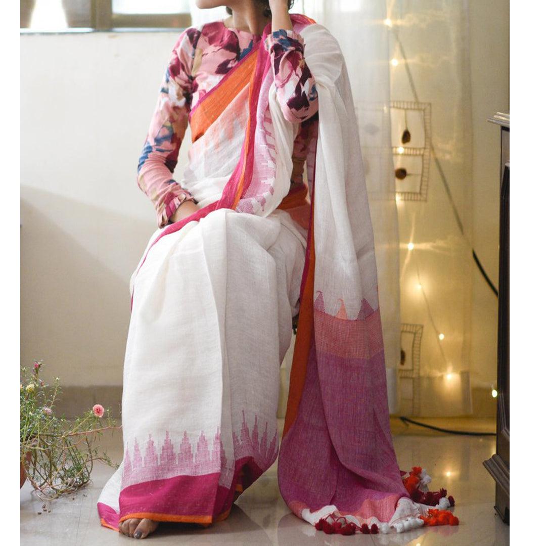 Groovy White Colored Festive Wear Pure Linen Designer Saree - Ibis Fab