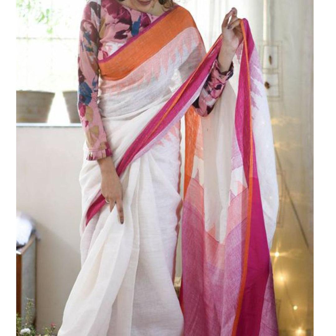 Groovy White Colored Festive Wear Pure Linen Designer Saree - Ibis Fab