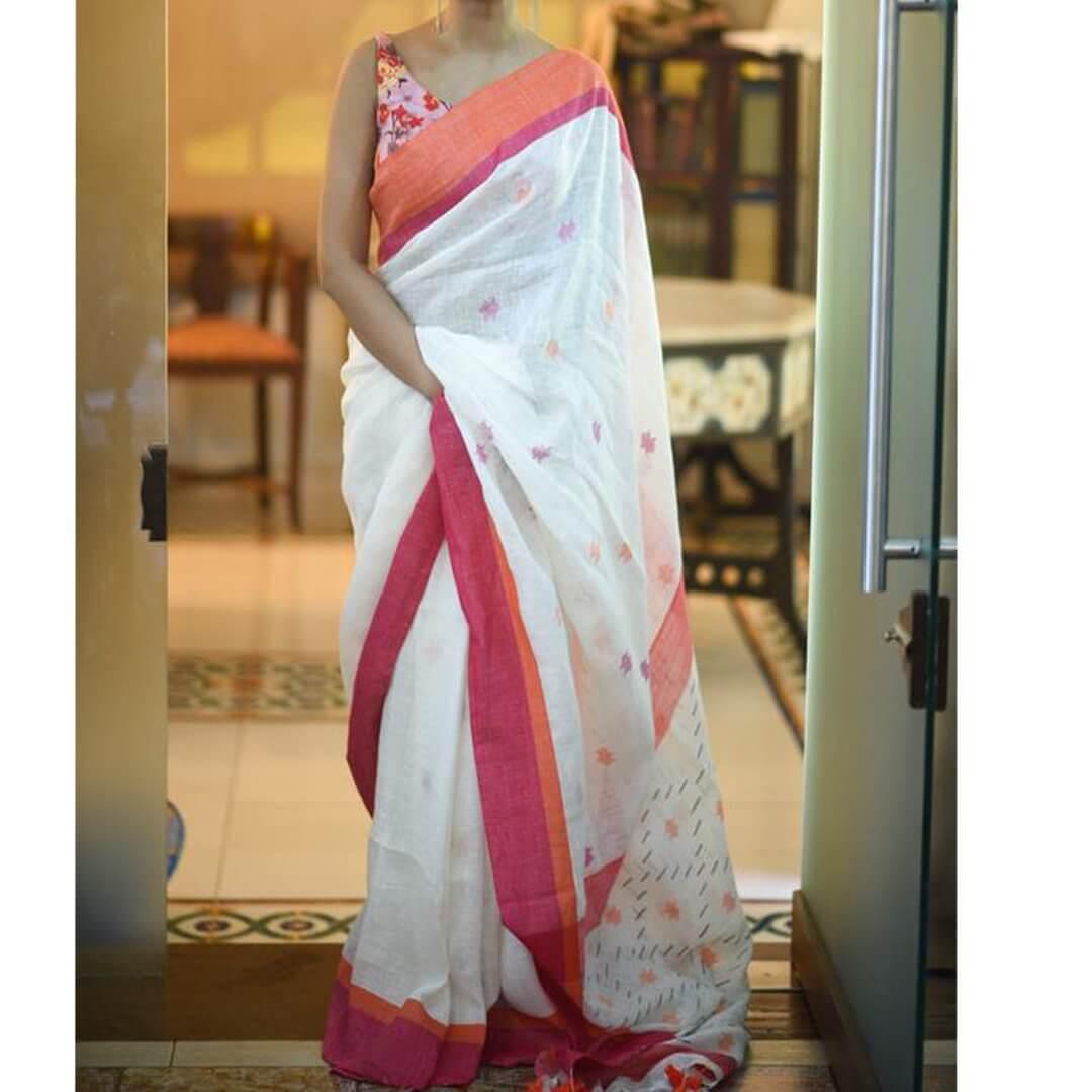 Adorable White Colored Festive Wear Pure Linen Designer Saree