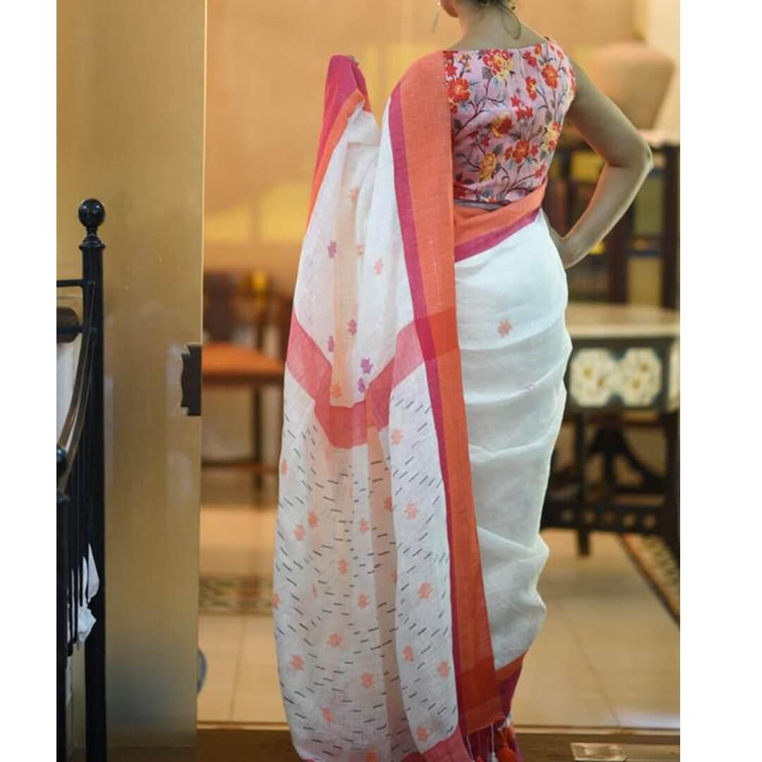 Adorable White Colored Festive Wear Pure Linen Designer Saree - Ibis Fab