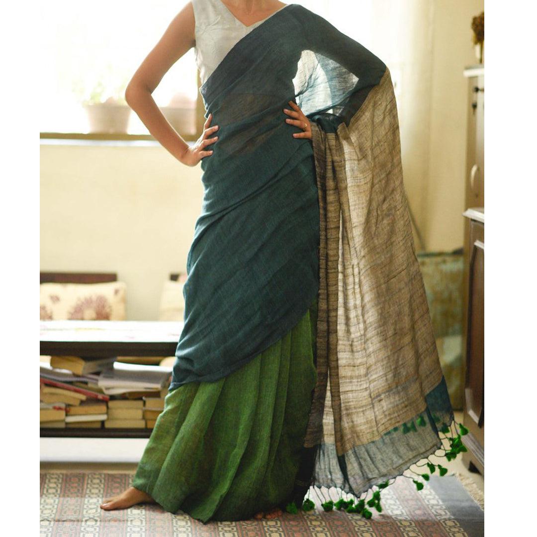 Majesty Green  Colored Festive Wear Pure Linen Designer Saree
