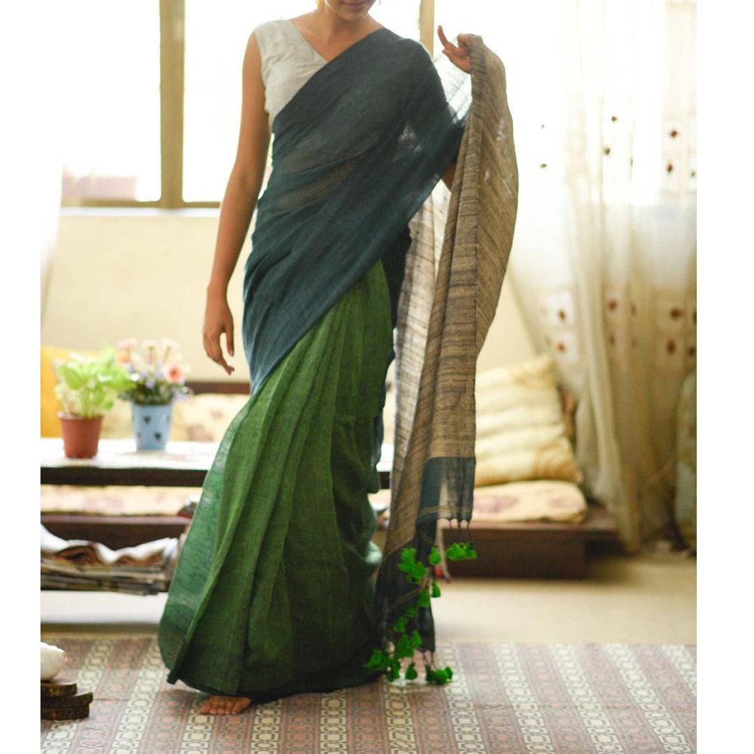 Majesty Green Colored Festive Wear Pure Linen Designer Saree - Ibis Fab