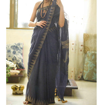 Pure linen saree in  dark Grey designer wear