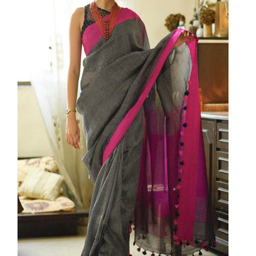 Dazzling Grey Colored Festive Wear Pure Linen Designer Saree