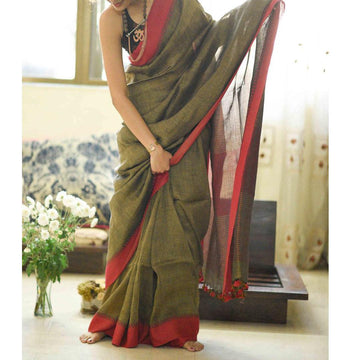 Intricate Green Colored Festive Wear Pure Linen Designer Saree