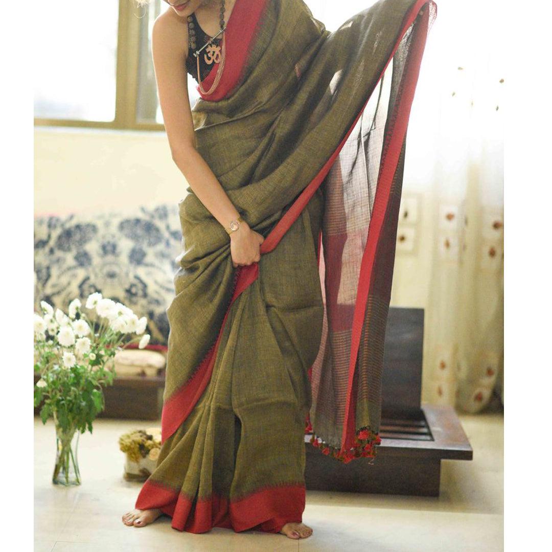 Intricate Green Colored Festive Wear Pure Linen Designer Saree - Ibis Fab