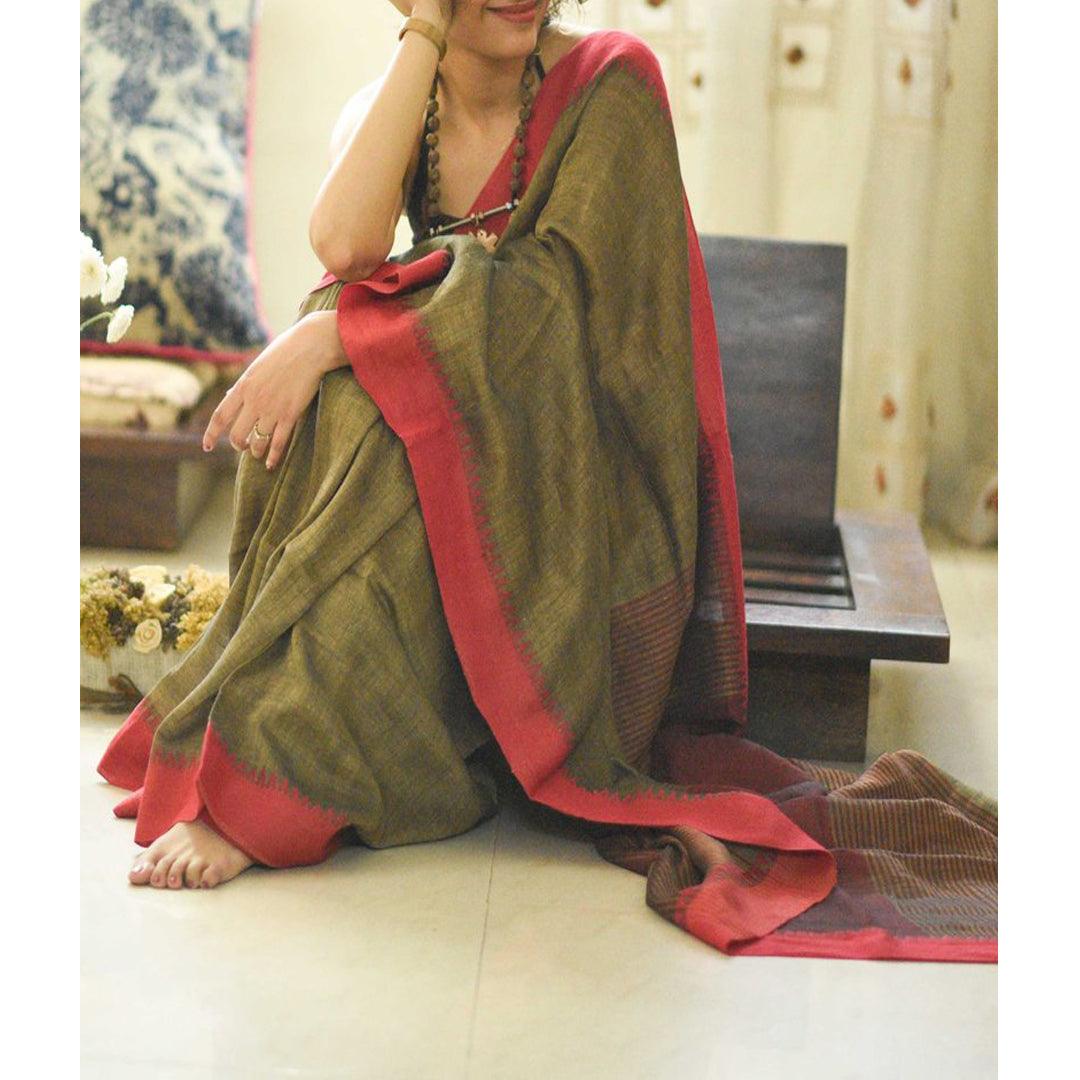 Intricate Green Colored Festive Wear Pure Linen Designer Saree - Ibis Fab