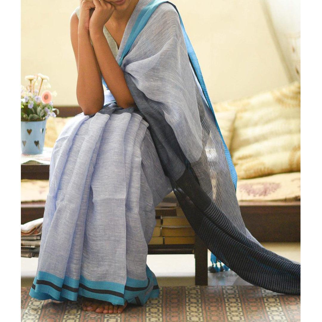 Preferable Light Blue And Grey Colored Festive Wear Pure Linen Designer Saree - Ibis Fab