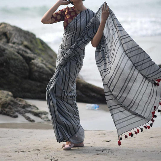 Radiant Grey Colored Festive Wear Pure Linen Designer Saree - Ibis Fab