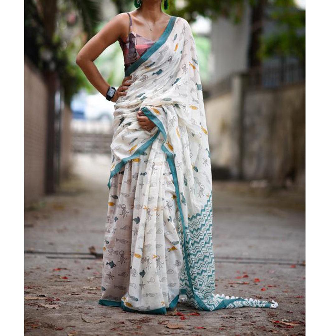 Graceful White Colored Festive Wear Pure Linen Designer Saree - Ibis Fab