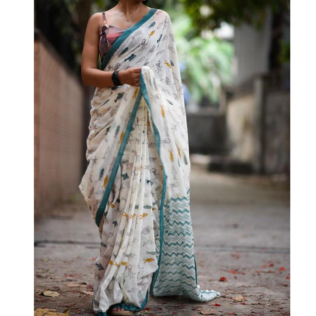 Graceful White Colored Festive Wear Pure Linen Designer Saree - Ibis Fab
