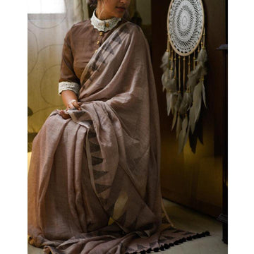 Amazing Brown Colored Festive Wear Pure Linen Beautiful Designer Saree