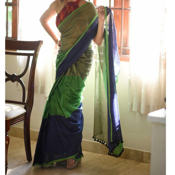 Surpassing Green Colored Festive Wear Pure Linen Beautiful Designer Saree