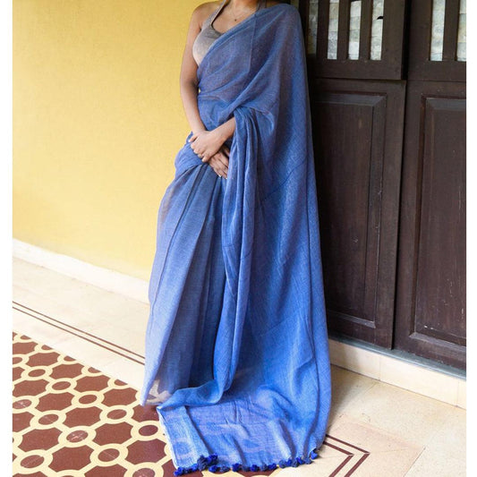 Trendy Light Blue, Colored Festive Wear Pure Linen Designer Saree - Ibis Fab