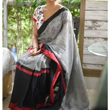 Impressive Black And Grey Colored Festive Wear Pure Linen Designer Saree