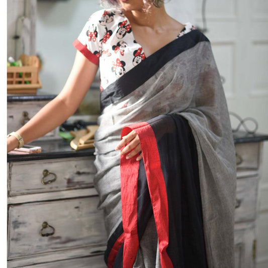 Impressive Black And Grey Colored Festive Wear Pure Linen Designer Saree - Ibis Fab