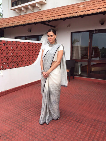 Neha Dhupia fame White Orignal Pure Linen Designer Saree