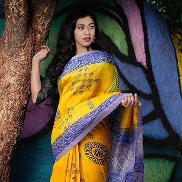 Trendy Yellow Colored  Festive Printed  Pure Linen Saree